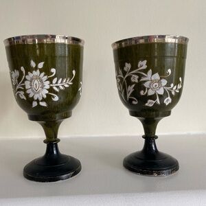Brass Vintage Wine Goblets Green & white flowers